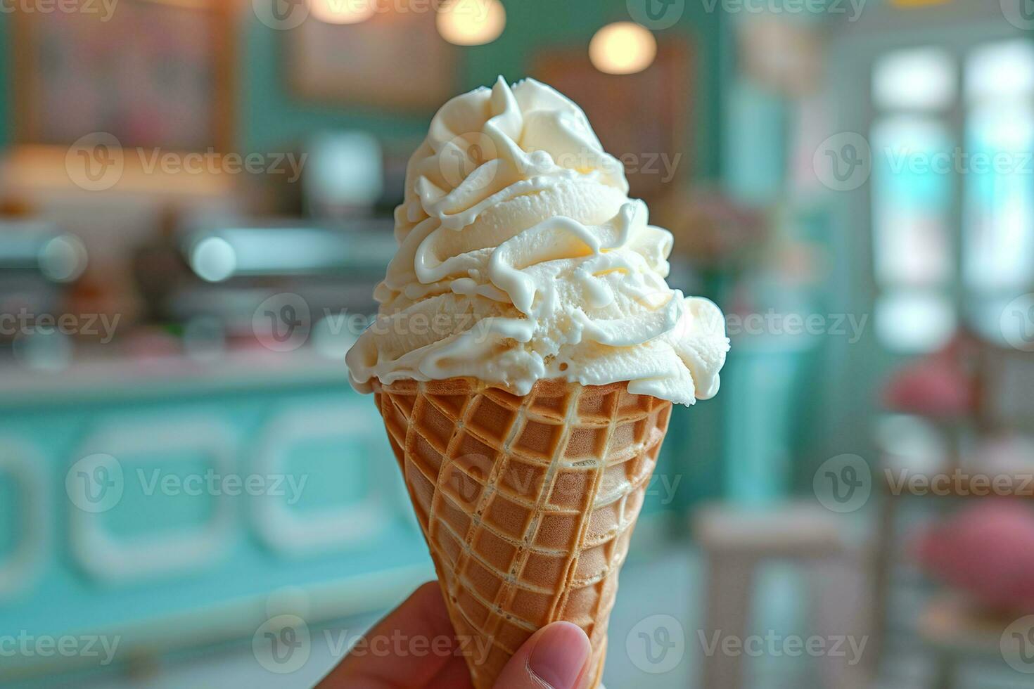 AI generated Hand holding vanilla ice cream scoop in a waffle cone against  parlor background. Generative AI. photo