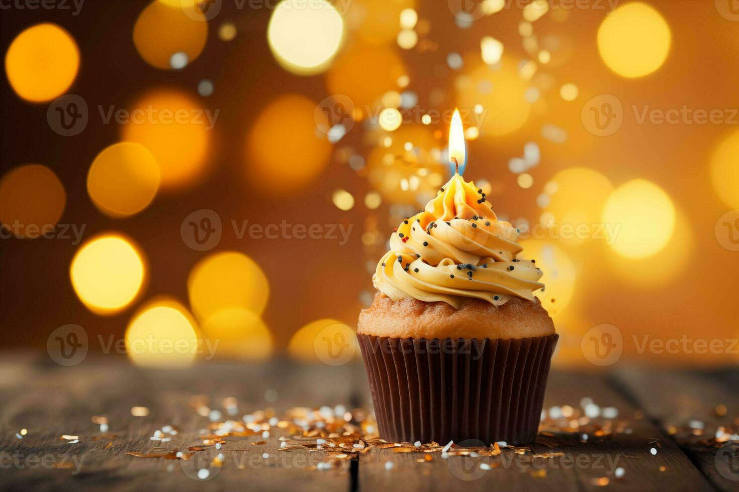 AI generated Birthday cupcake with candle on table. Generative AI. photo