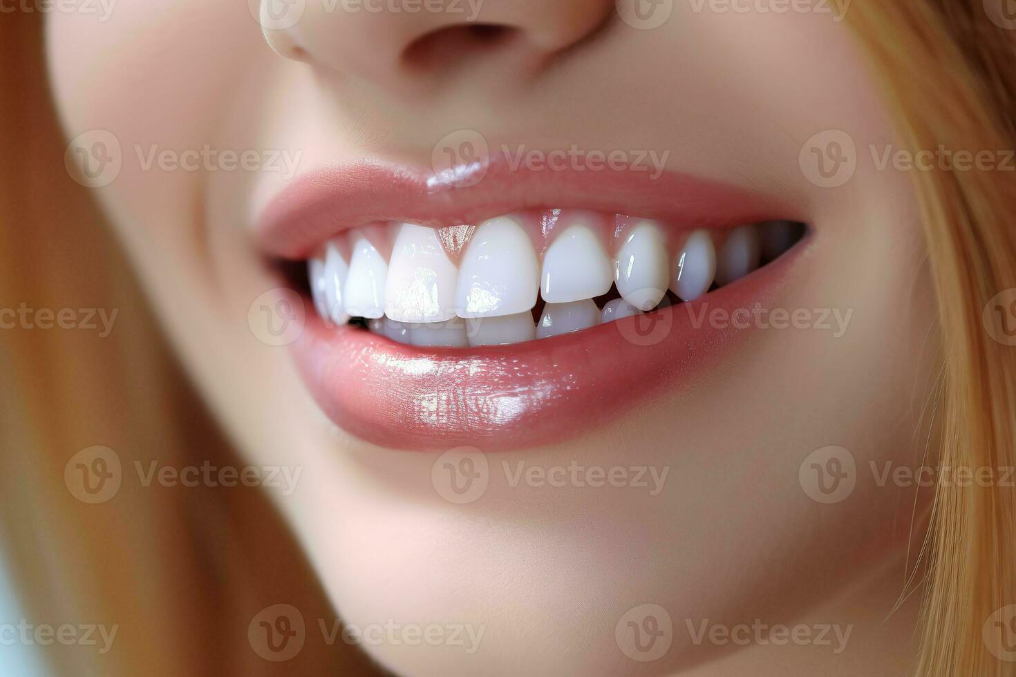 AI generated Closeup view of smiling young woman with whitening teeth. Generative AI. photo
