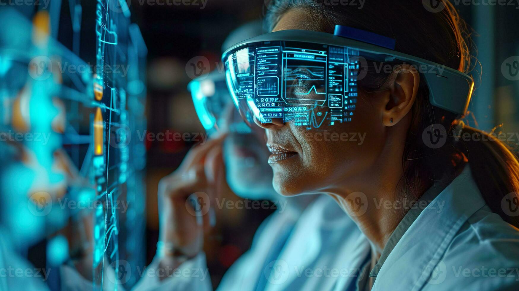 AI generated A doctor wearing smart glasses, standing in front of a high-tech digital interface display. Generative AI. photo