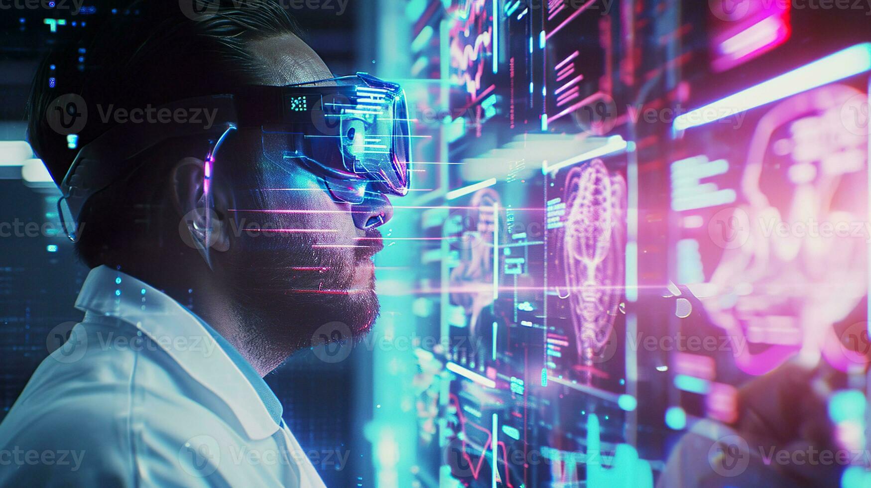 AI generated A doctor wearing smart glasses, standing in front of a high-tech digital interface display. Generative AI. photo