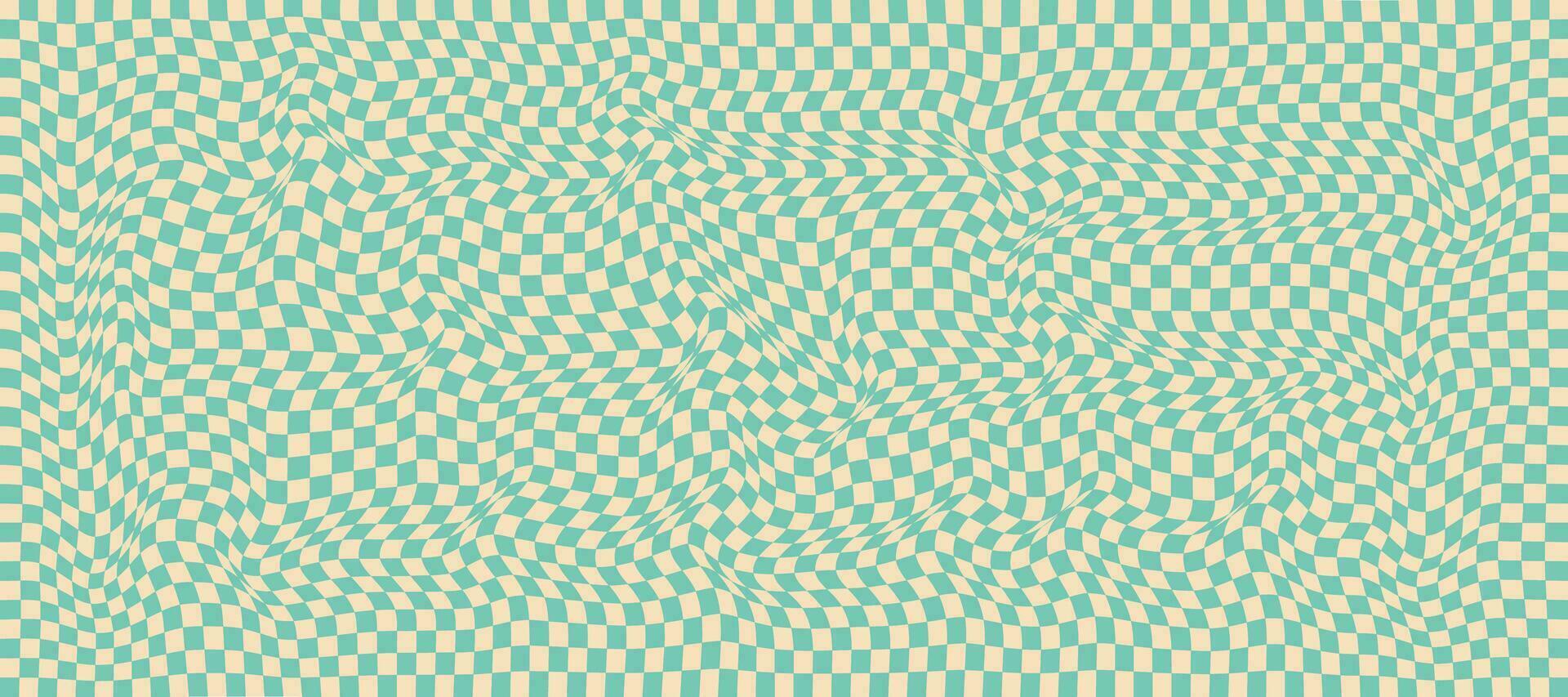 Distorted checkered green background. Psychedelic grid, groovy y2k style. Chessboard aesthetic ornament. Wave retro vector background.
