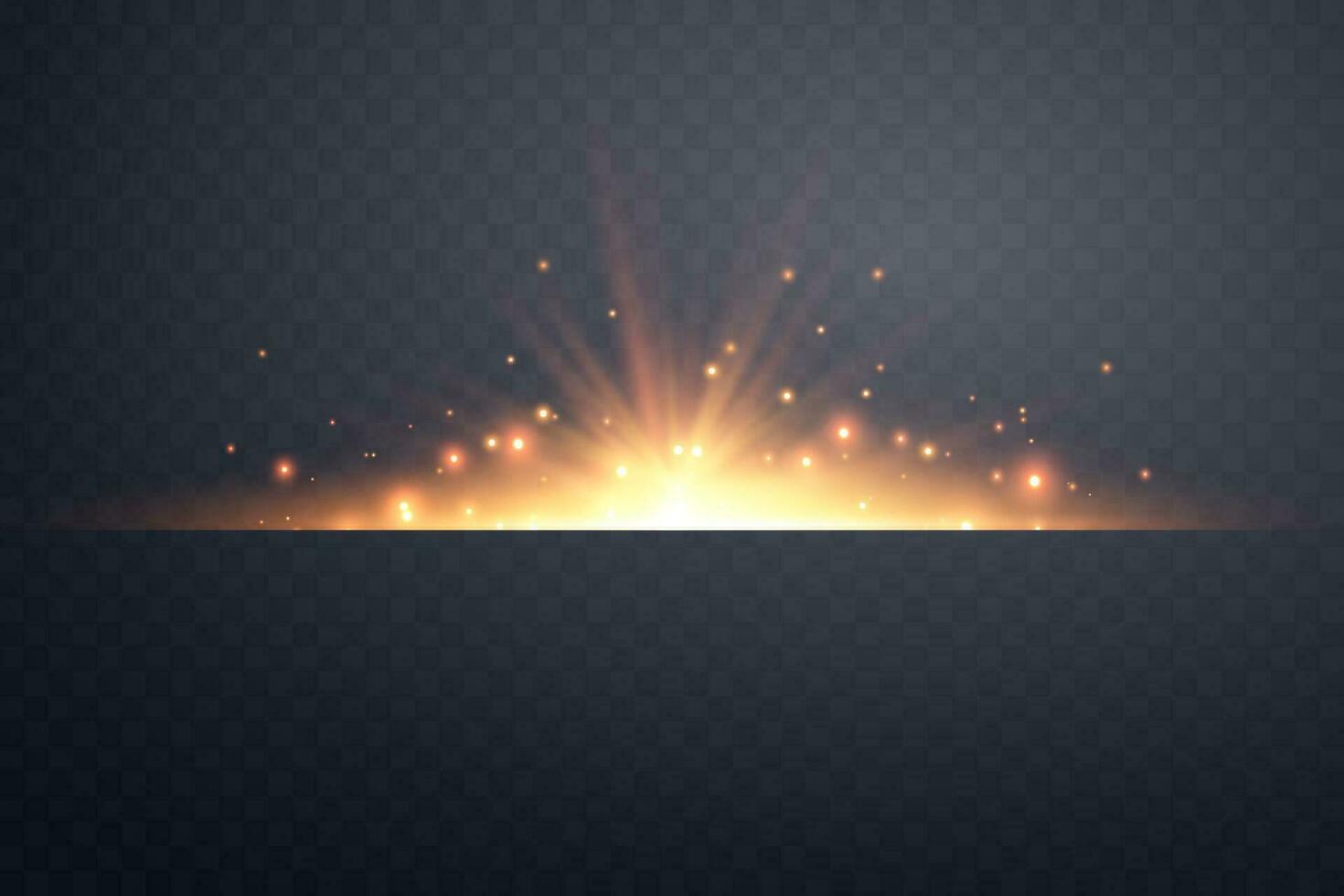 Orange horizontal lensflare. Light flash with rays or spotlight and bokeh. Orange glow flare light effect. Vector illustration. Isolated on dark background.