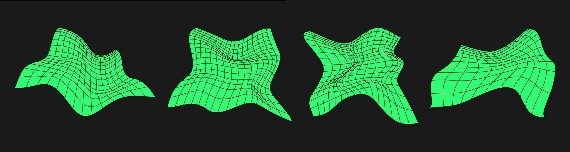 Set of distorted cyber grids. Cyberpunk geometry element y2k style. Isolated green mesh on black background. Vector fashion illustration.