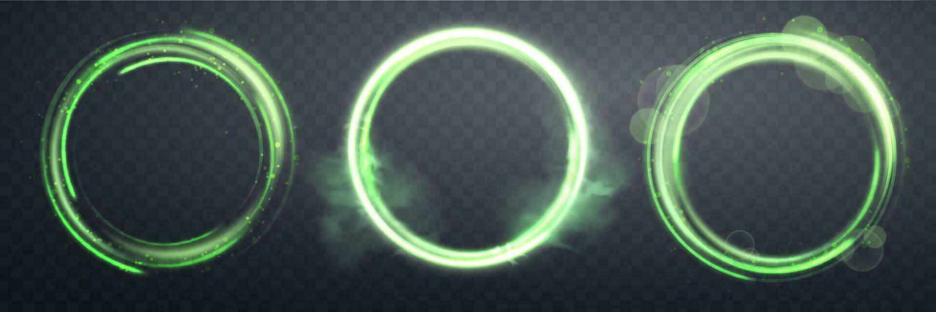 Glowing green magic rings. Neon realistic energy flare halo rings. Abstract light effect on a dark background. Vector illustration.
