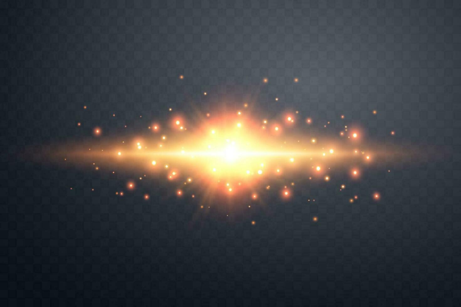 Orange horizontal lensflare. Light flash with rays or spotlight and bokeh. Orange glow flare light effect. Vector illustration.