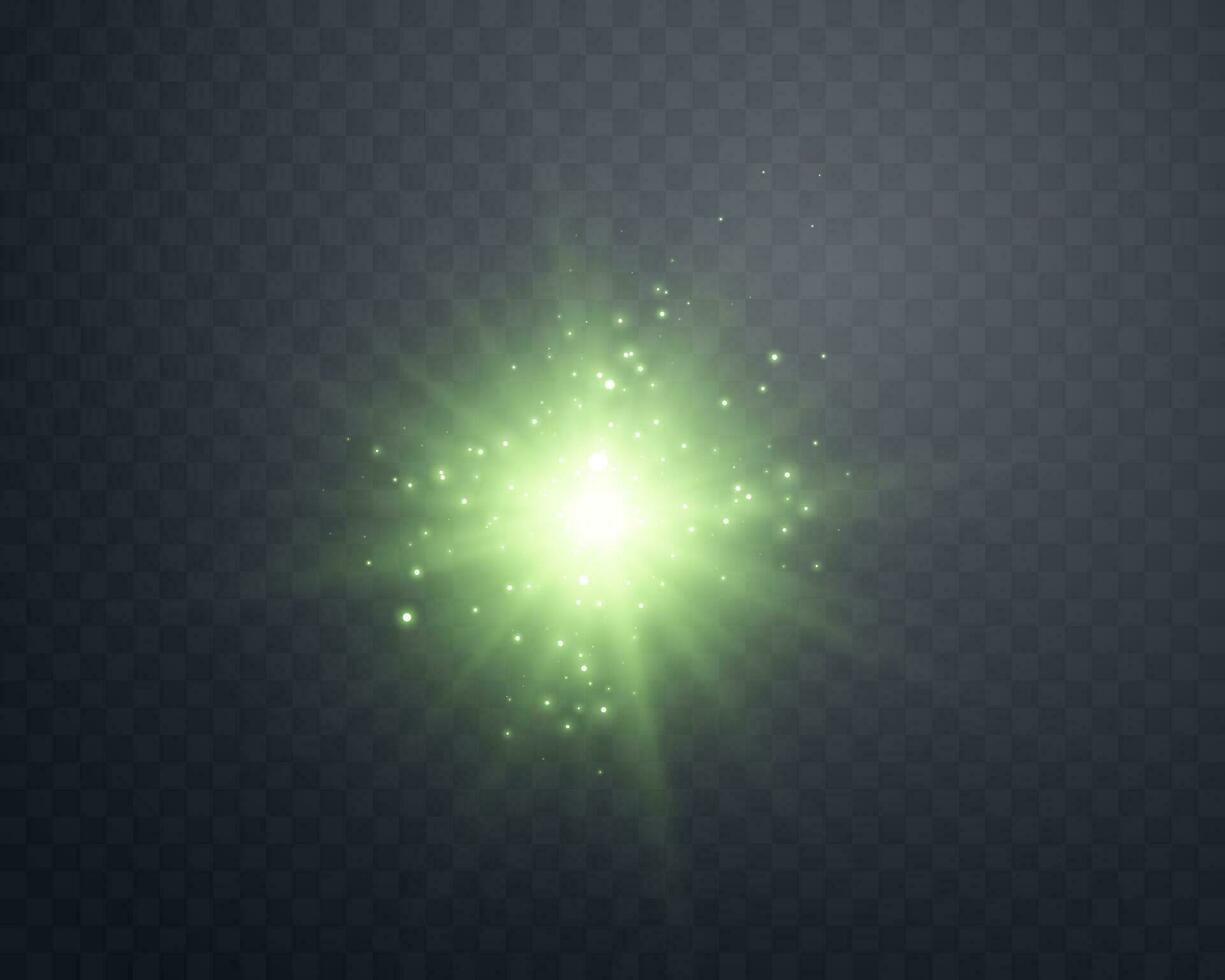 Green sunlight lens flare, sun flash with rays and spotlight. Glowing burst explosion. Vector illustration.