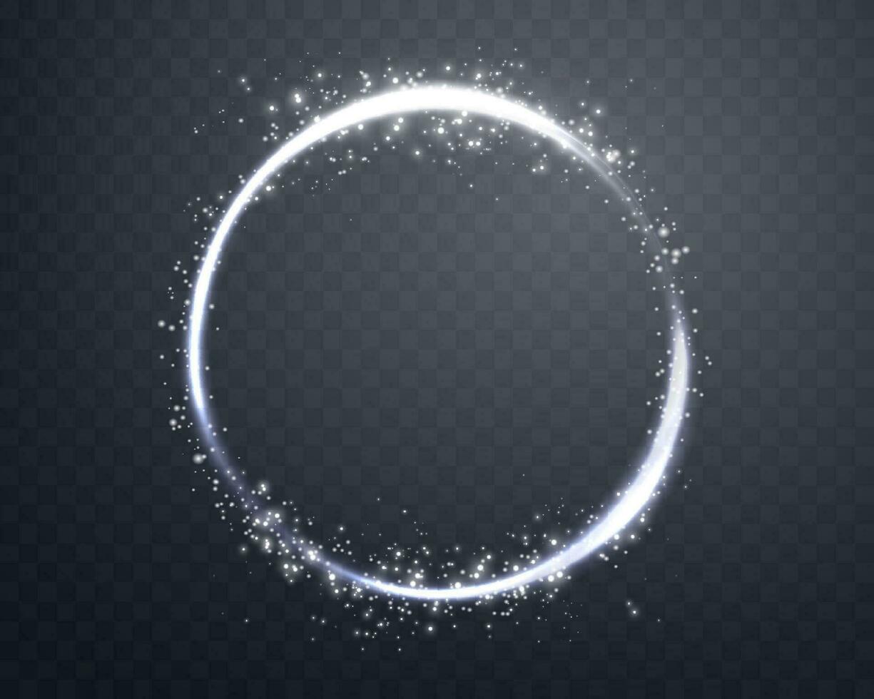 Silver magic halo ring with glowing particles, sunlight lens flare. Neon realistic energy flare ring. Abstract light effect on a dark background. Vector illustration.