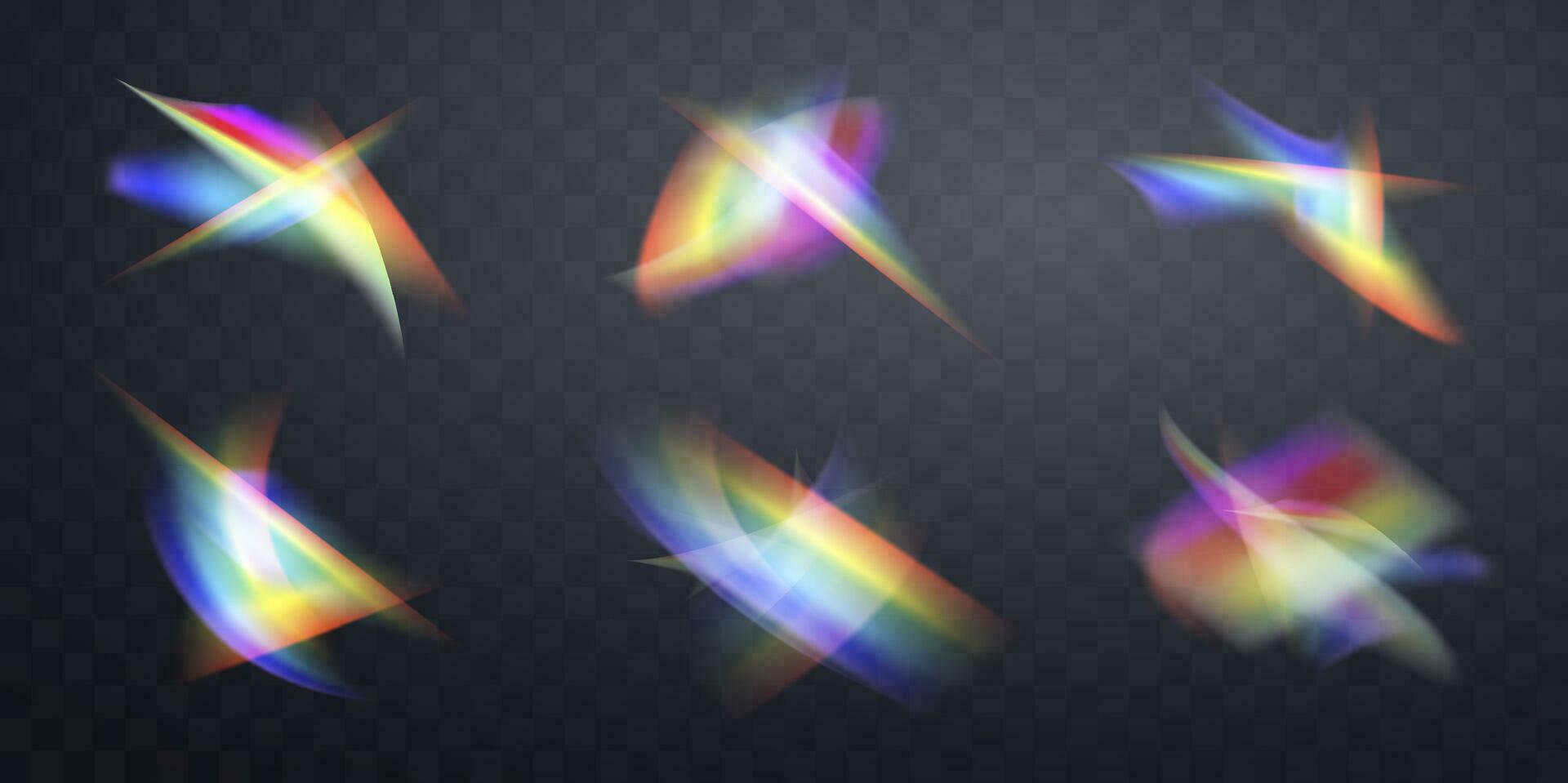 Blurred rainbow refraction overlay effect set. Light lens prism effect. Holographic reflection, crystal flare leak shadow overlay. Vector abstract illustration.