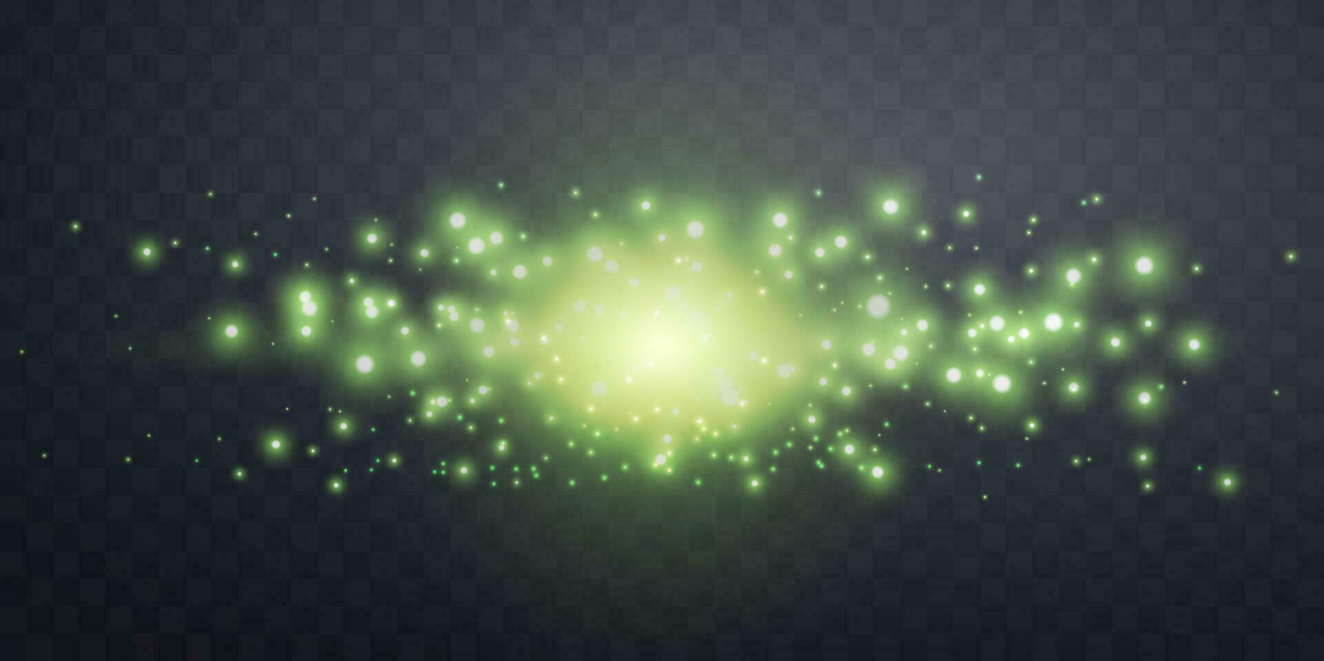 Green horizontal lensflare. Light flash with rays or green spotlight. Glow flare light effect. Vector illustration. Isolated on dark background