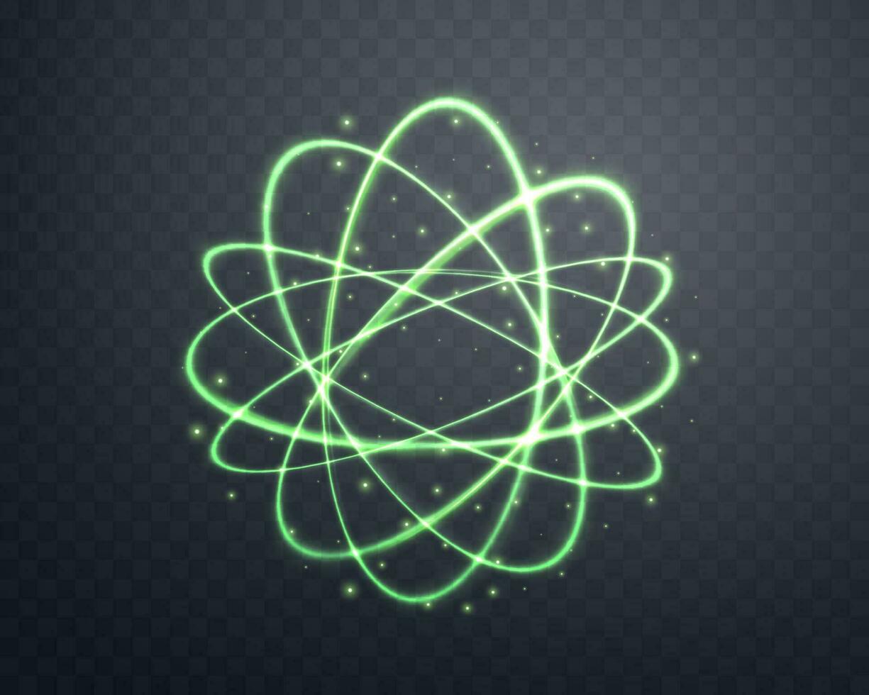 Atom particle, light effect glowing green magic rings. Neon realistic energy swirl. Abstract light effect on a dark background. Vector illustration.