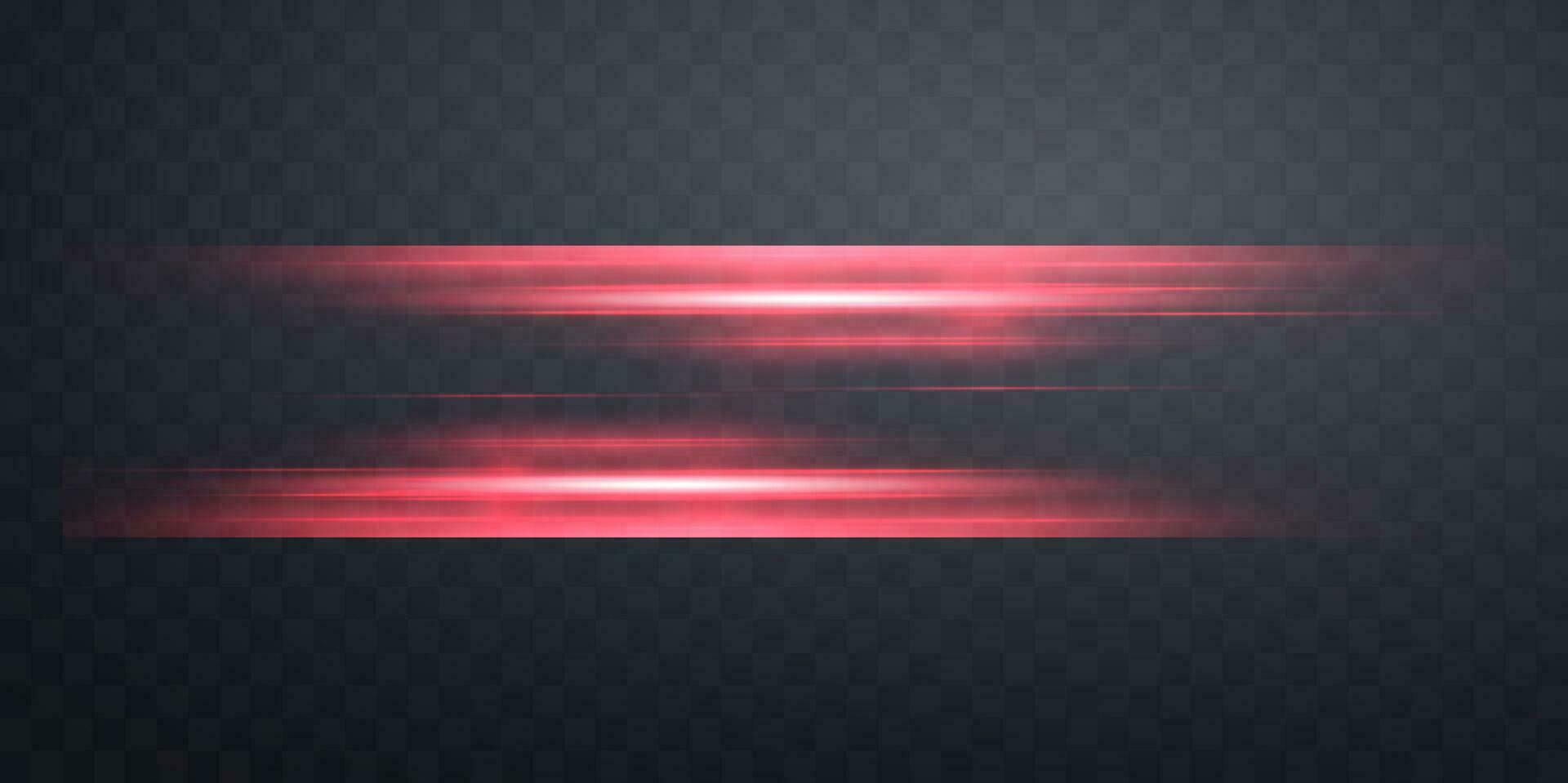 Red horizontal lensflare. Light flash with rays or spotlight and bokeh. Red glow flare light effect. Vector illustration. Isolated on dark background.