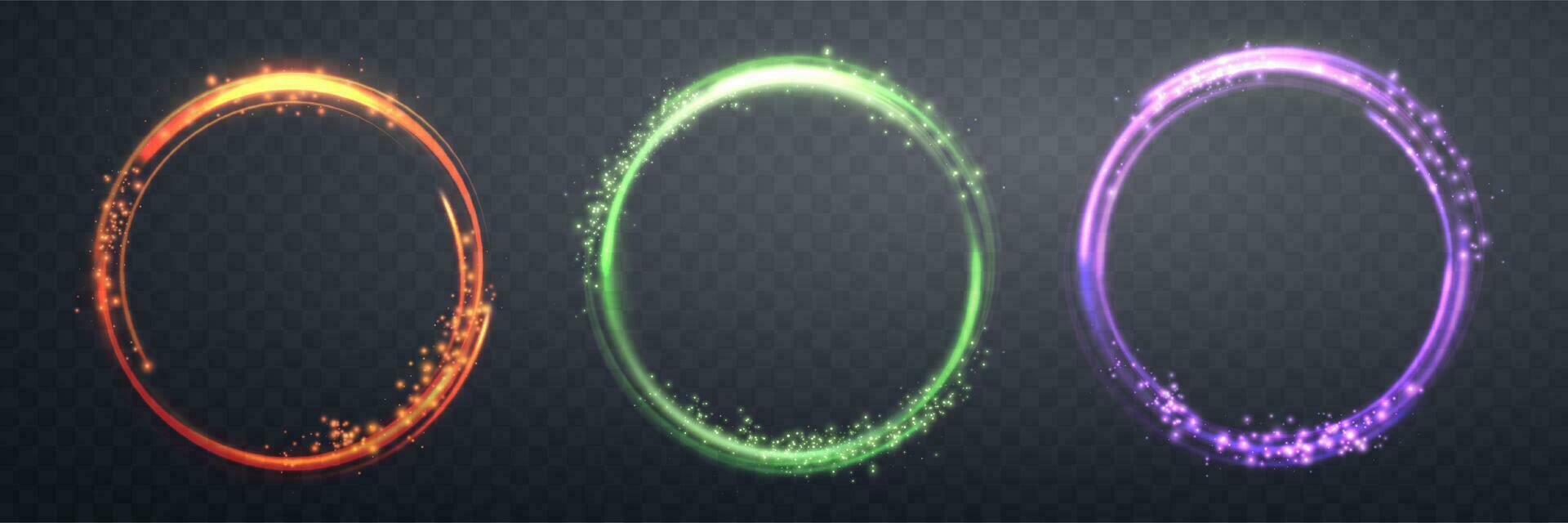 Glowing green magic rings. Neon realistic energy flare halo rings. Abstract light effect on a dark background. Vector illustration.