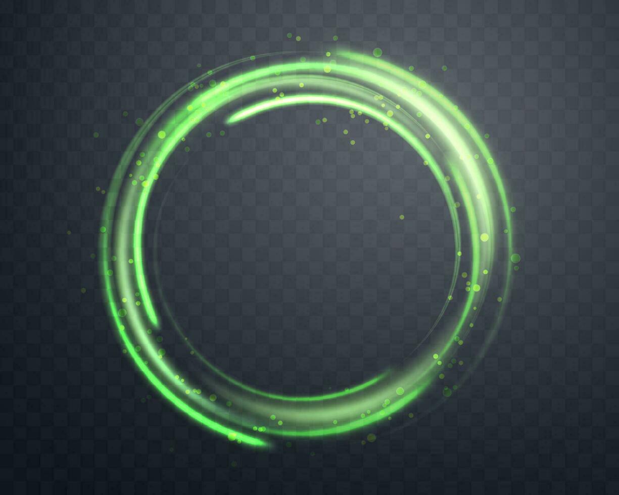 Glowing green magic ring. Neon realistic energy flare halo ring. Abstract light effect on a dark background. Vector illustration.