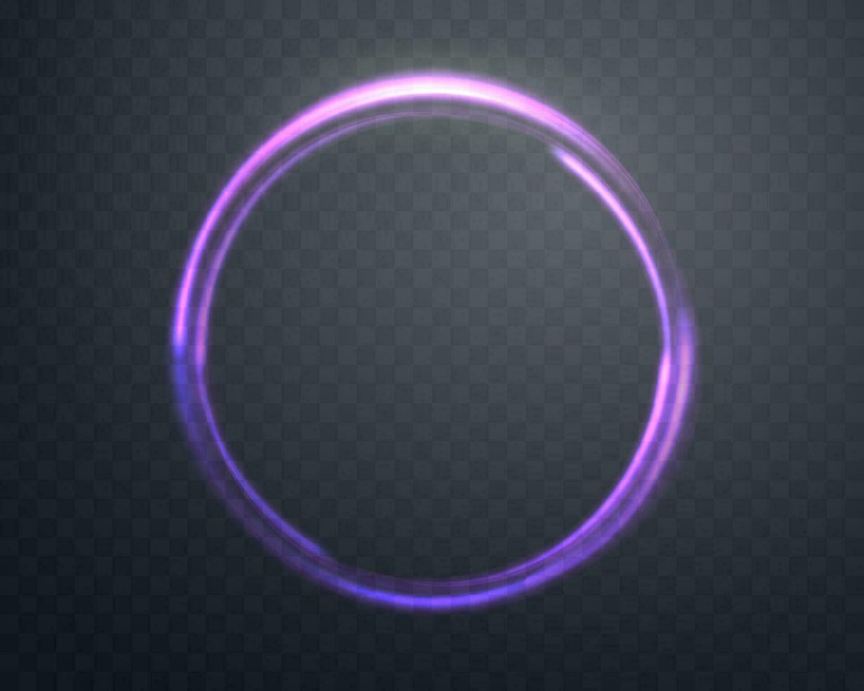 Glowing purple magic ring. Neon realistic energy flare halo ring. Abstract light effect on a dark background. Vector illustration.