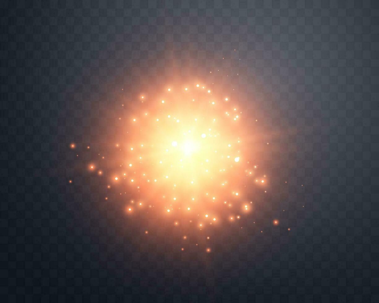 Orange  sunlight lens flare, sun flash with rays and spotlight. Glowing burst explosion. Vector illustration.