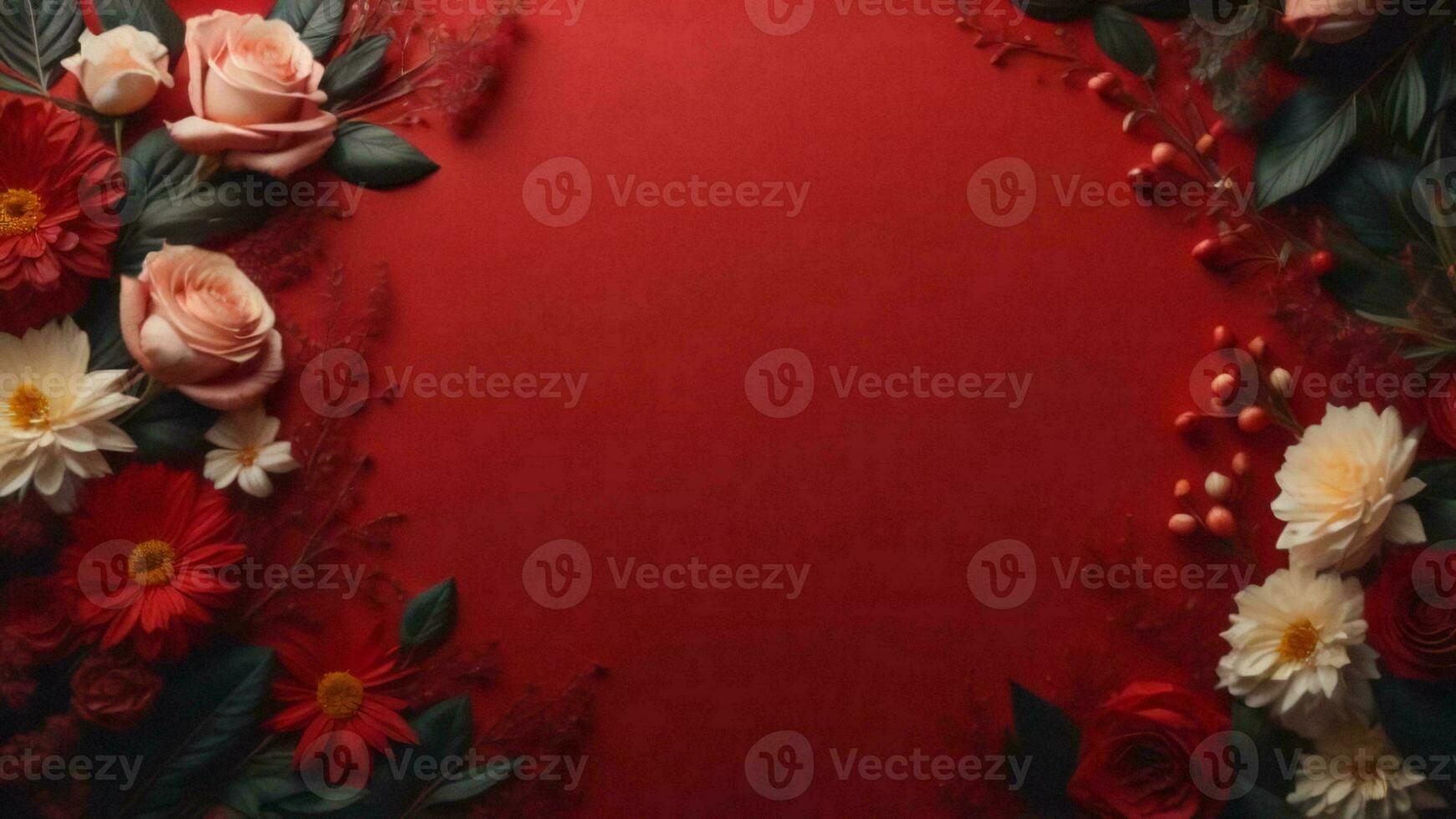 AI generated Flowers composition. Frame made of flowers on red background. Flat lay, top view, copy space. generative ai photo
