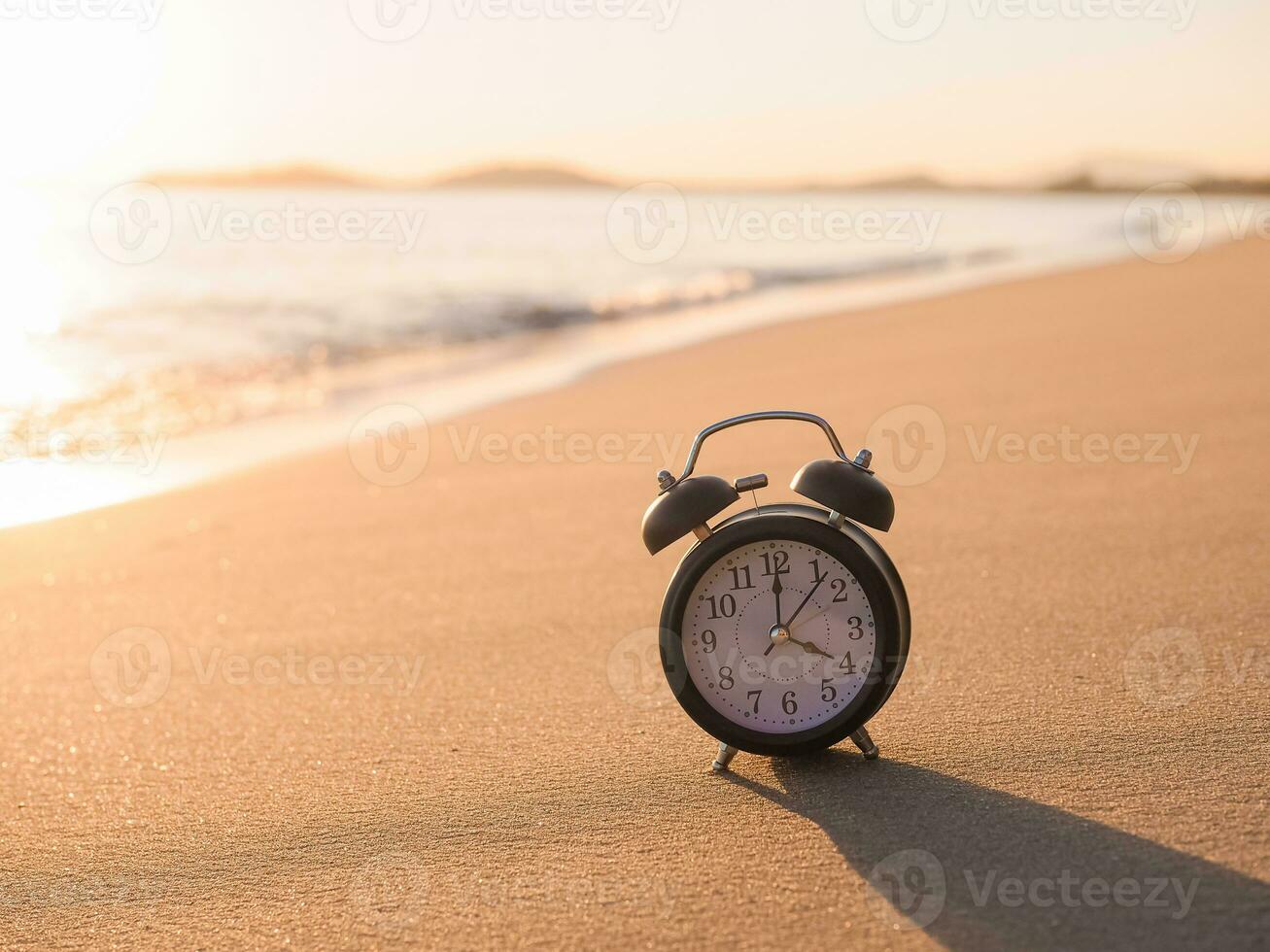 Black alarm clock on the beach in the sunset time. The concept about Time to summer, Travel, Vacation and Relaxation photo