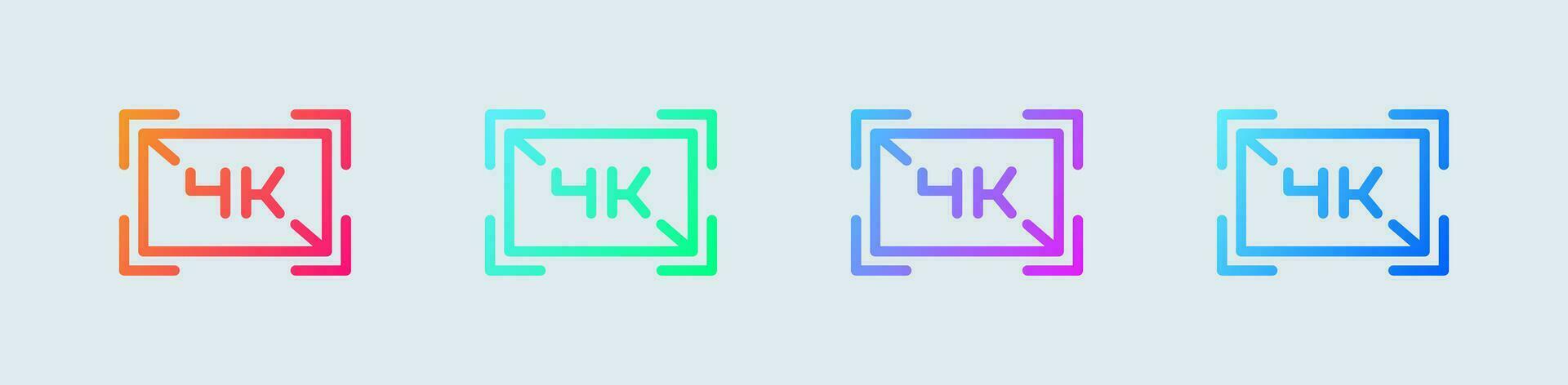 4k línea icono en degradado colores. pantalla resolución señales vector ilustración.