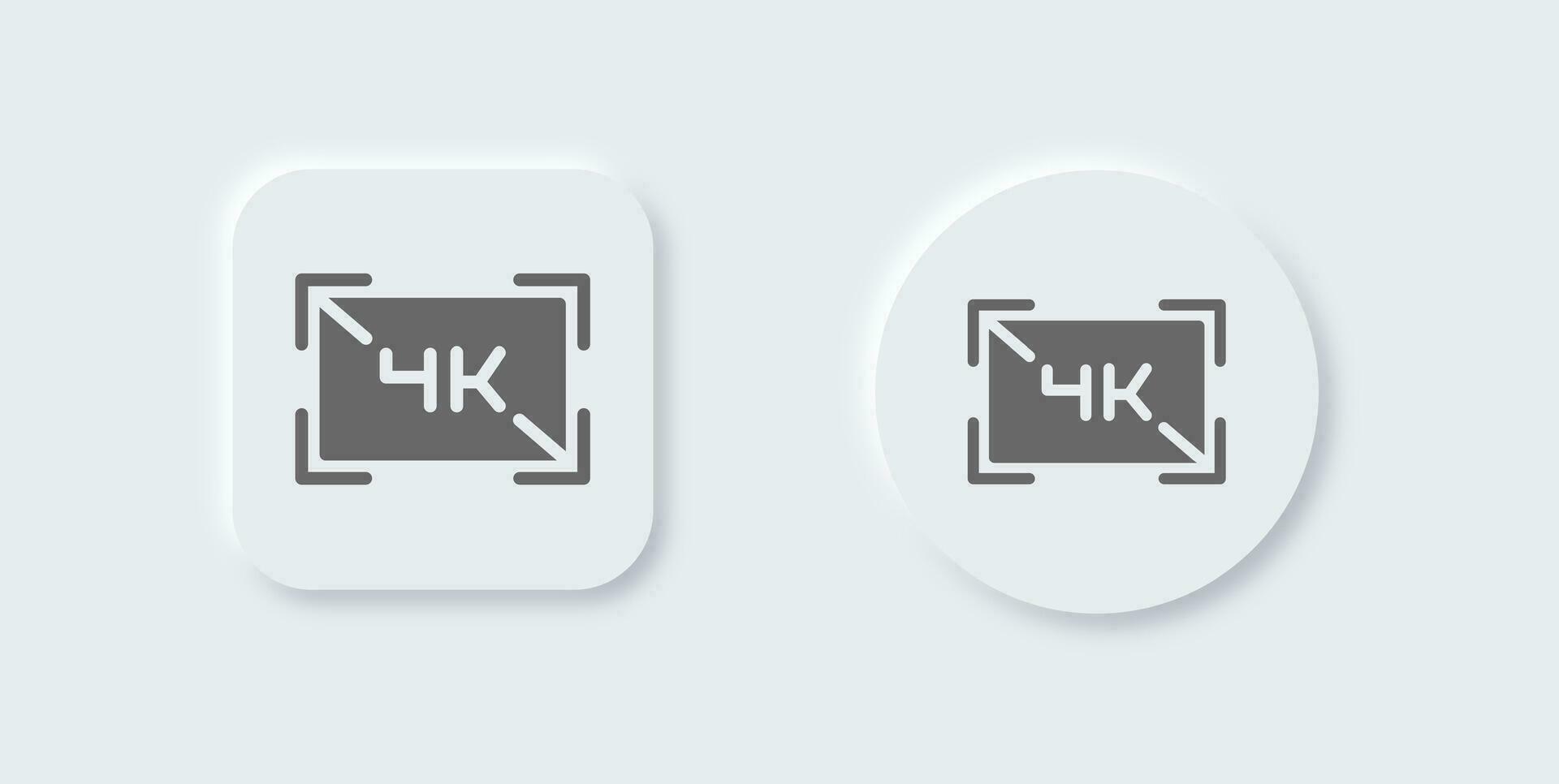 4k solid icon in neomorphic design style. Screen resolution signs vector illustration.