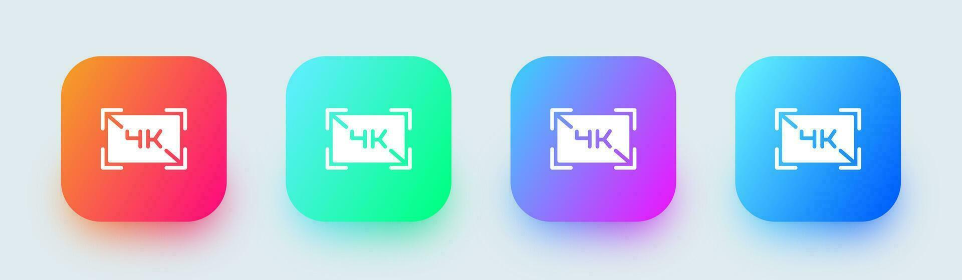 4k sólido icono en cuadrado degradado colores. pantalla resolución señales vector ilustración.
