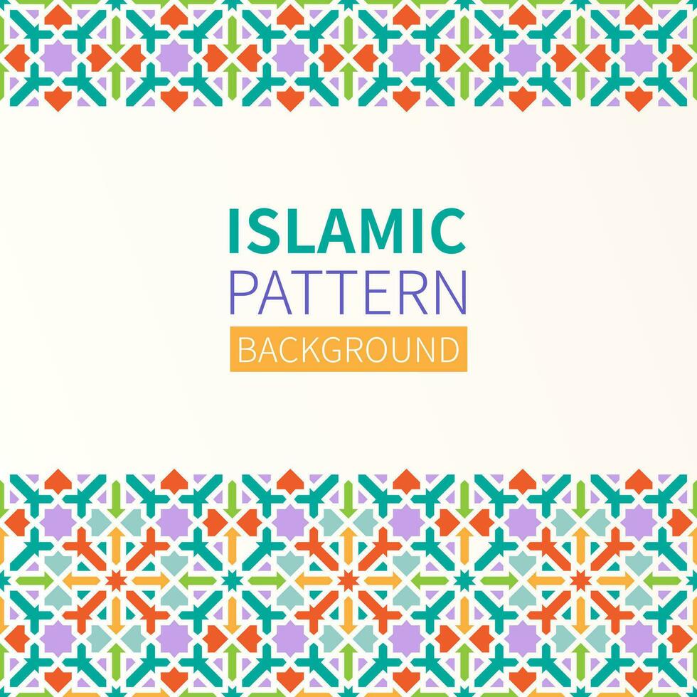 Islamic Geometric pattern Background. Design banner for Ramadan Kareem with Copy Space. Texture for greeting, colorful detail of mosaic. Arabic architectural style. Vector flat illustration.