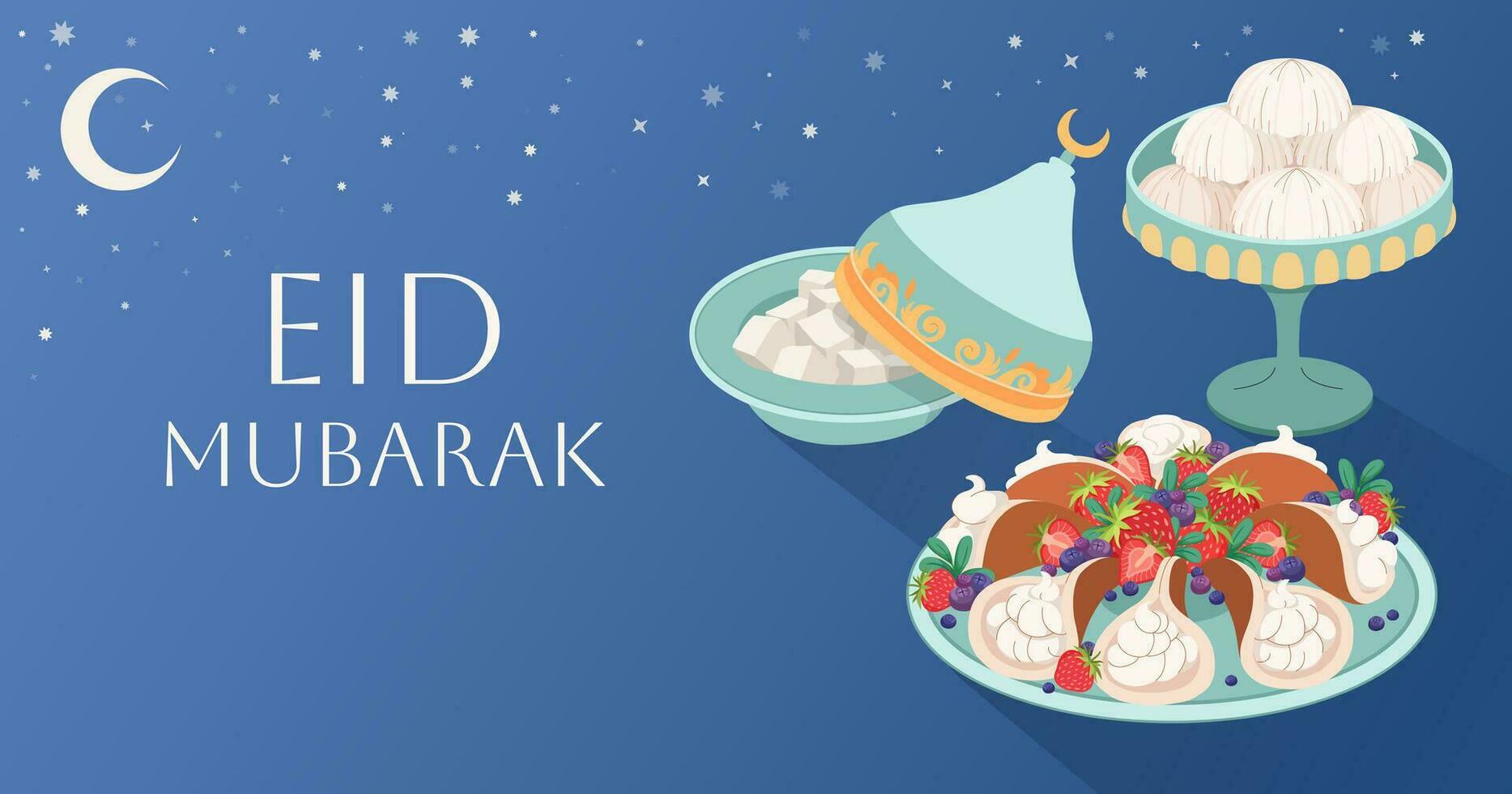 Eid Mubarak greeting banner. Festive background with Arabic sweets and tea. Traditional food for holiday of Eid al Fitr. Pancakes, Turkish delight. Sweet pastries with cream. Vector flat illustration.