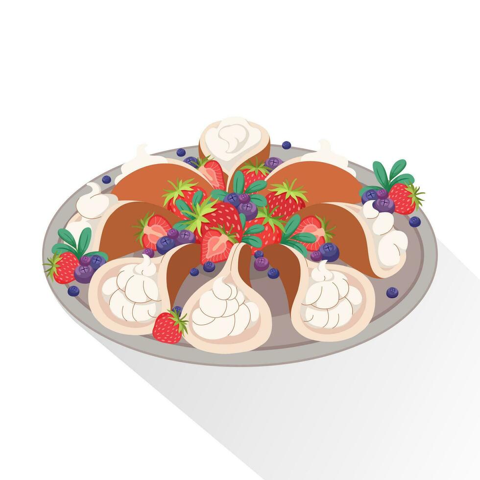 Arabic pancakes with cream filling. Muslim desert for holiday of Eid al Fitr. Strawberries and berries slice. Oriental traditional sweet pastries with cream. Vector flat illustration.