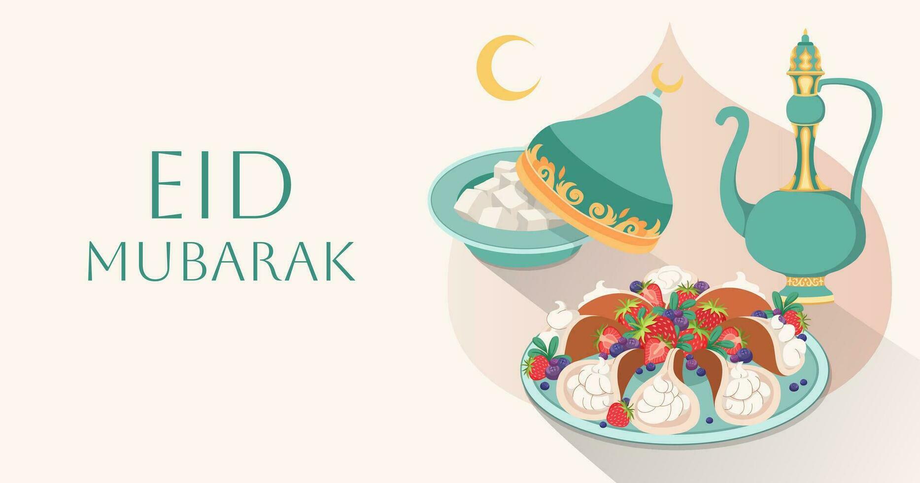 Eid Mubarak greeting banner. Festive background with Arabic sweets and tea. Traditional food for holiday of Eid al Fitr. Pancakes, Turkish delight. Sweet pastries with cream. Vector flat illustration.