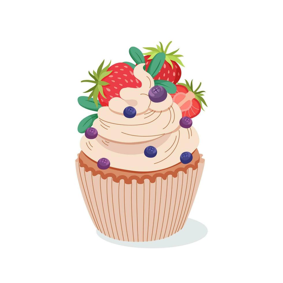 Cupcake Whipped cream Cupcake with strawberries and berries. Sweet pastry pastries with topping. Dessert for the holidays. Cake for cafe, menu, packaging design, brand. Vector flat illustration.