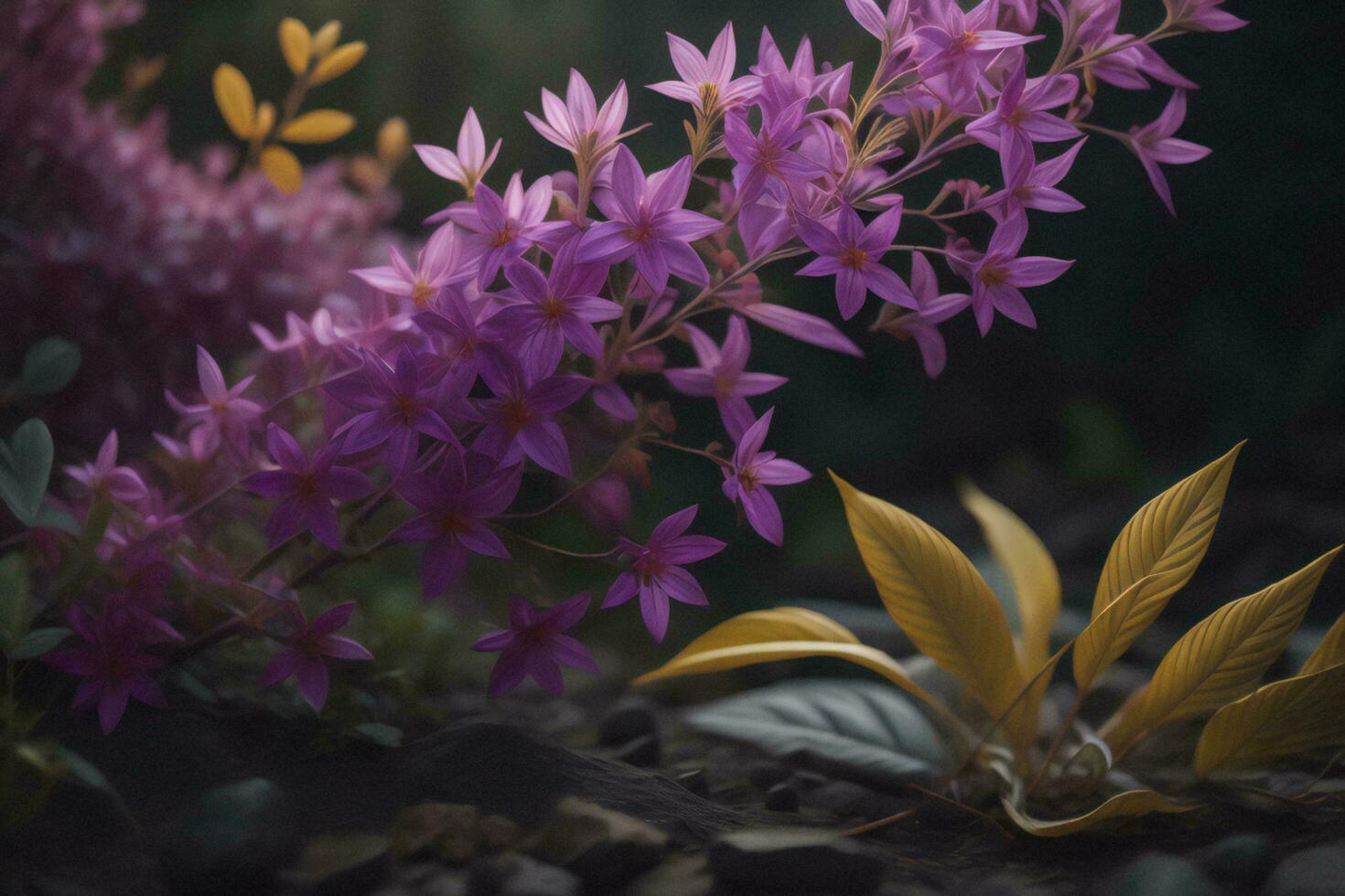 AI generated purple flowers in garden with filter effect retro vintage style and soft focus. generative ai photo