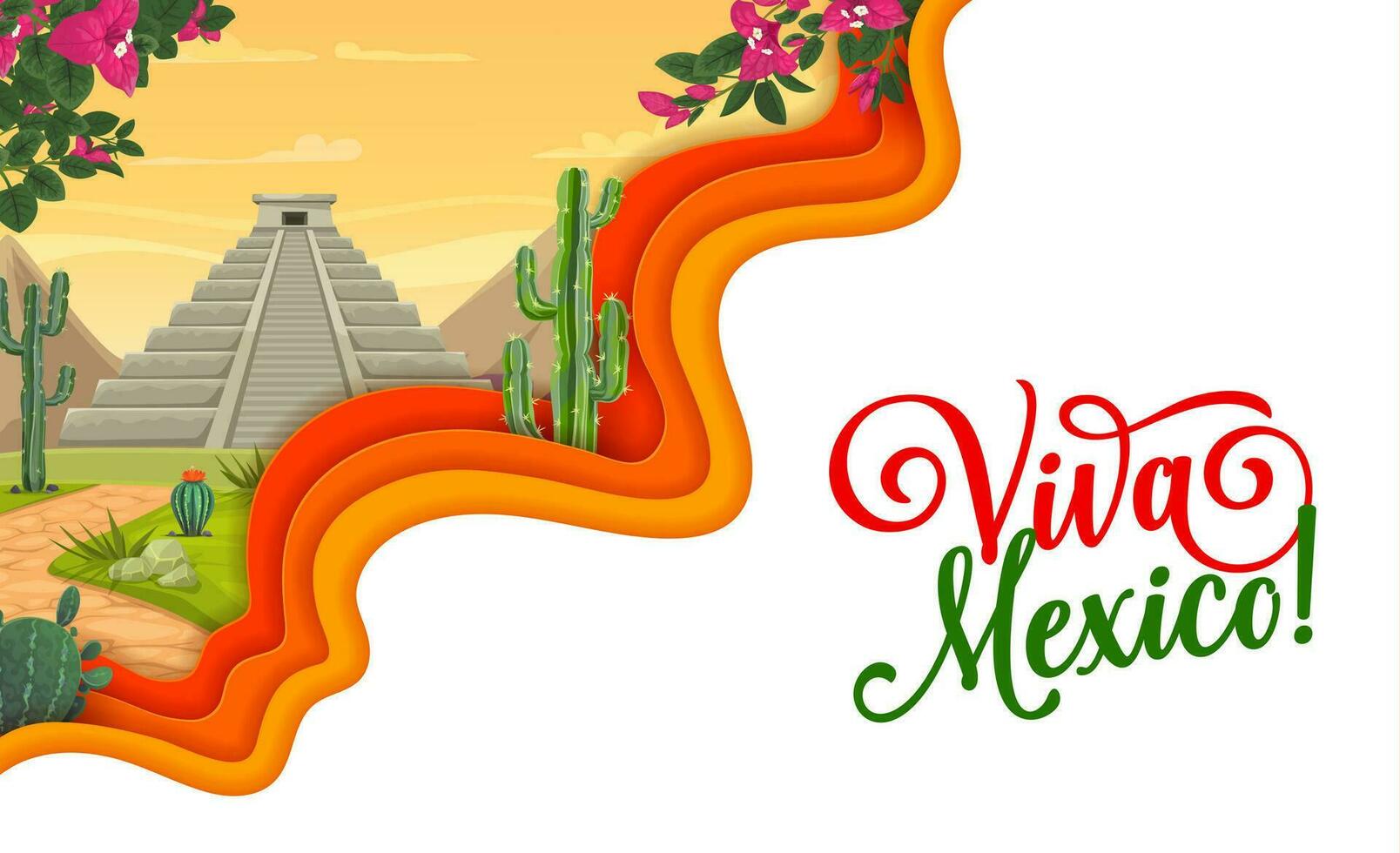 Viva Mexico paper cut banner with mexican pyramid vector