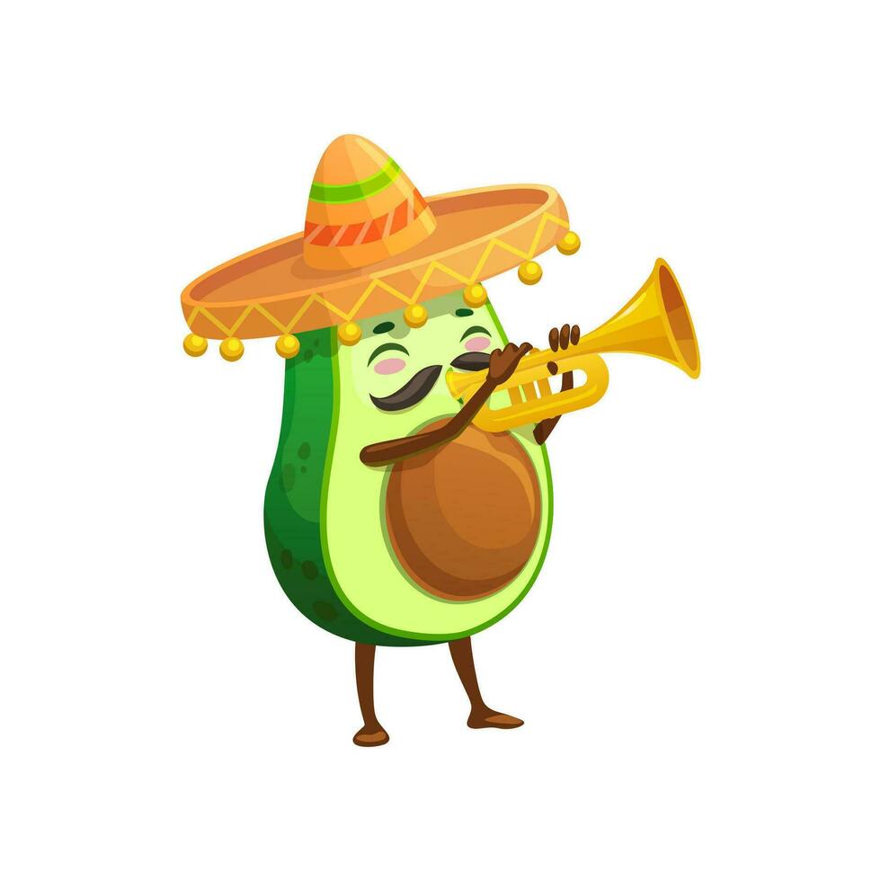 Cartoon Mexican avocado character with trumpet vector