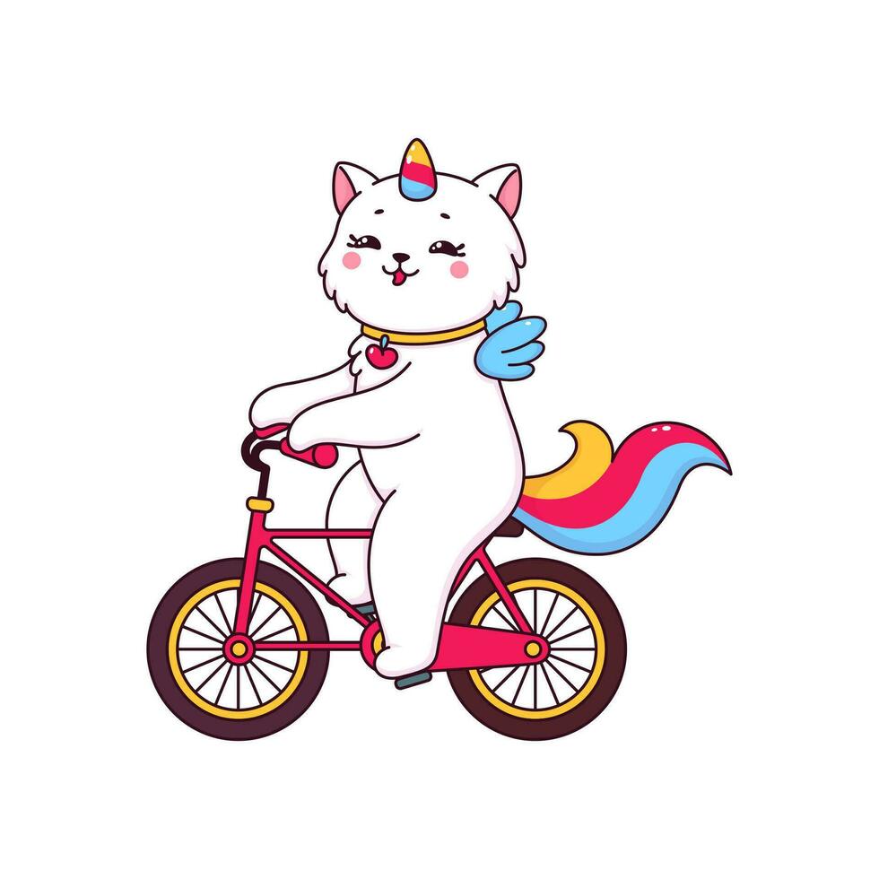 dibujos animados linda caticorn gato personaje montando bicicleta vector