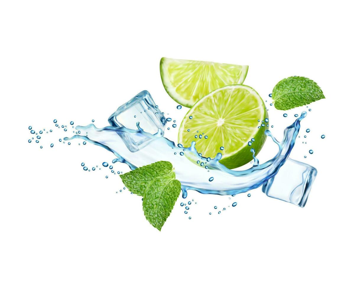 Mojito, ice, lime fruit, realistic water splash vector