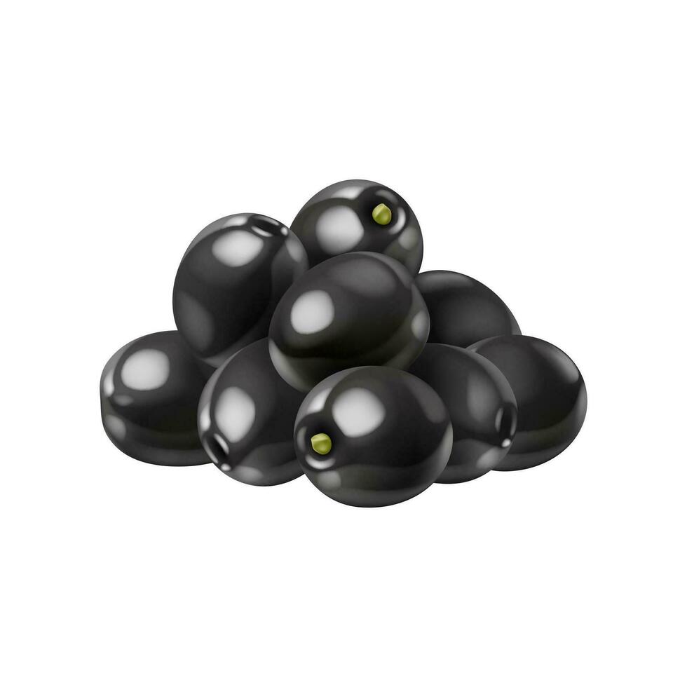 Realistic raw black olives stack, ripe fruit, food vector