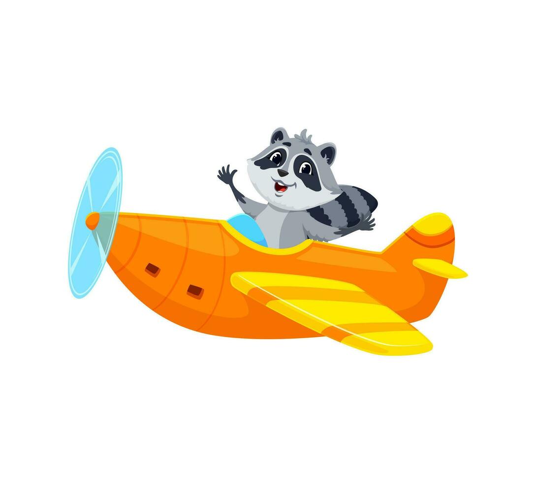 Cartoon raccoon pilot on airplane, funny animal vector