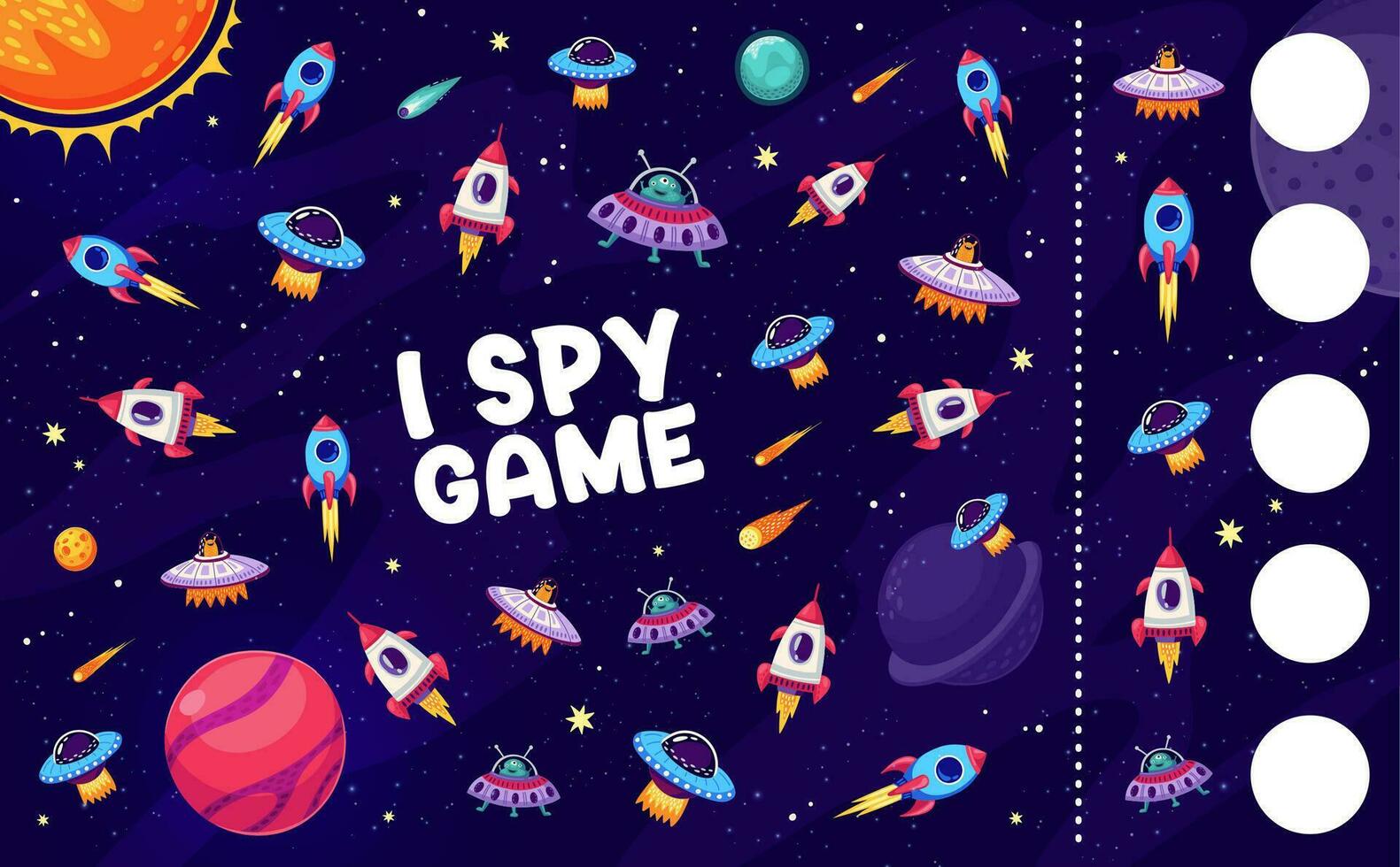 I spy game worksheet,space rockets, planets, UFO vector