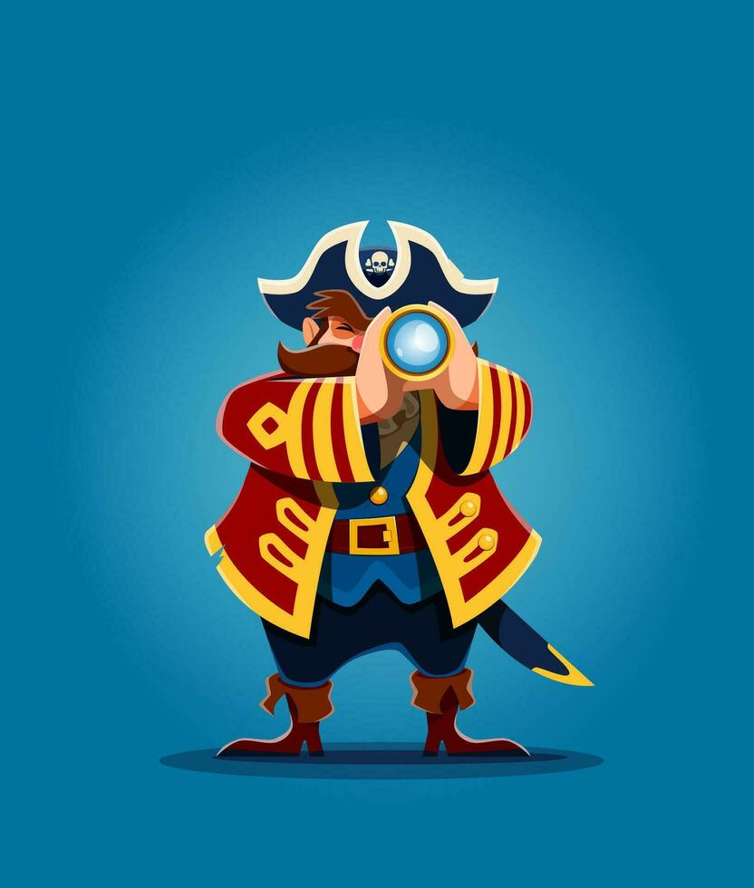 Cartoon pirate captain character with spyglass vector