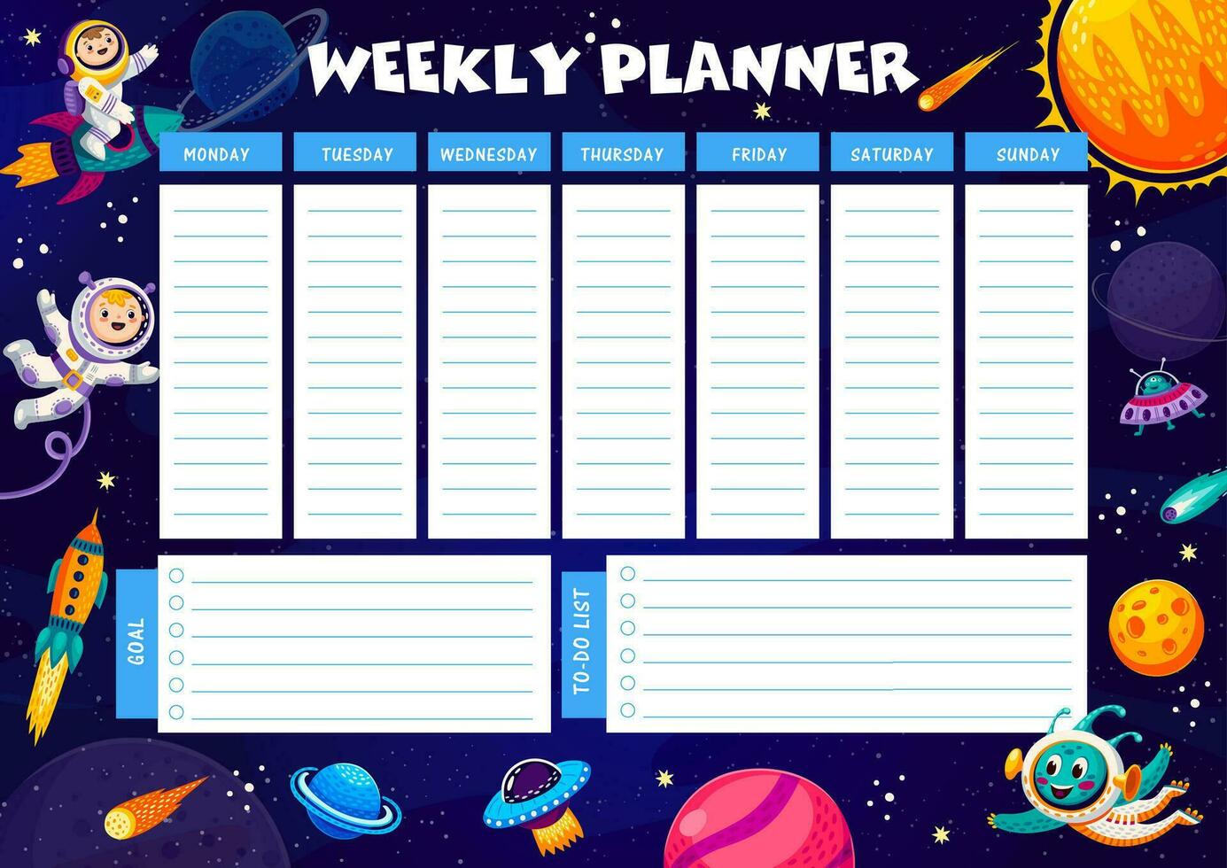 Weekly planner, cartoon space astronaut, alien UFO vector