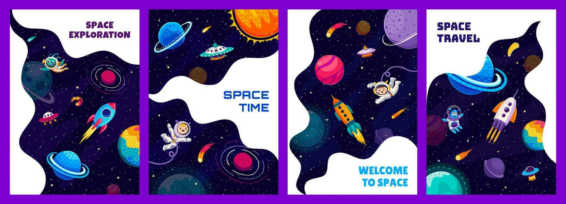 Space posters, cartoon spaceship, kid astronauts vector