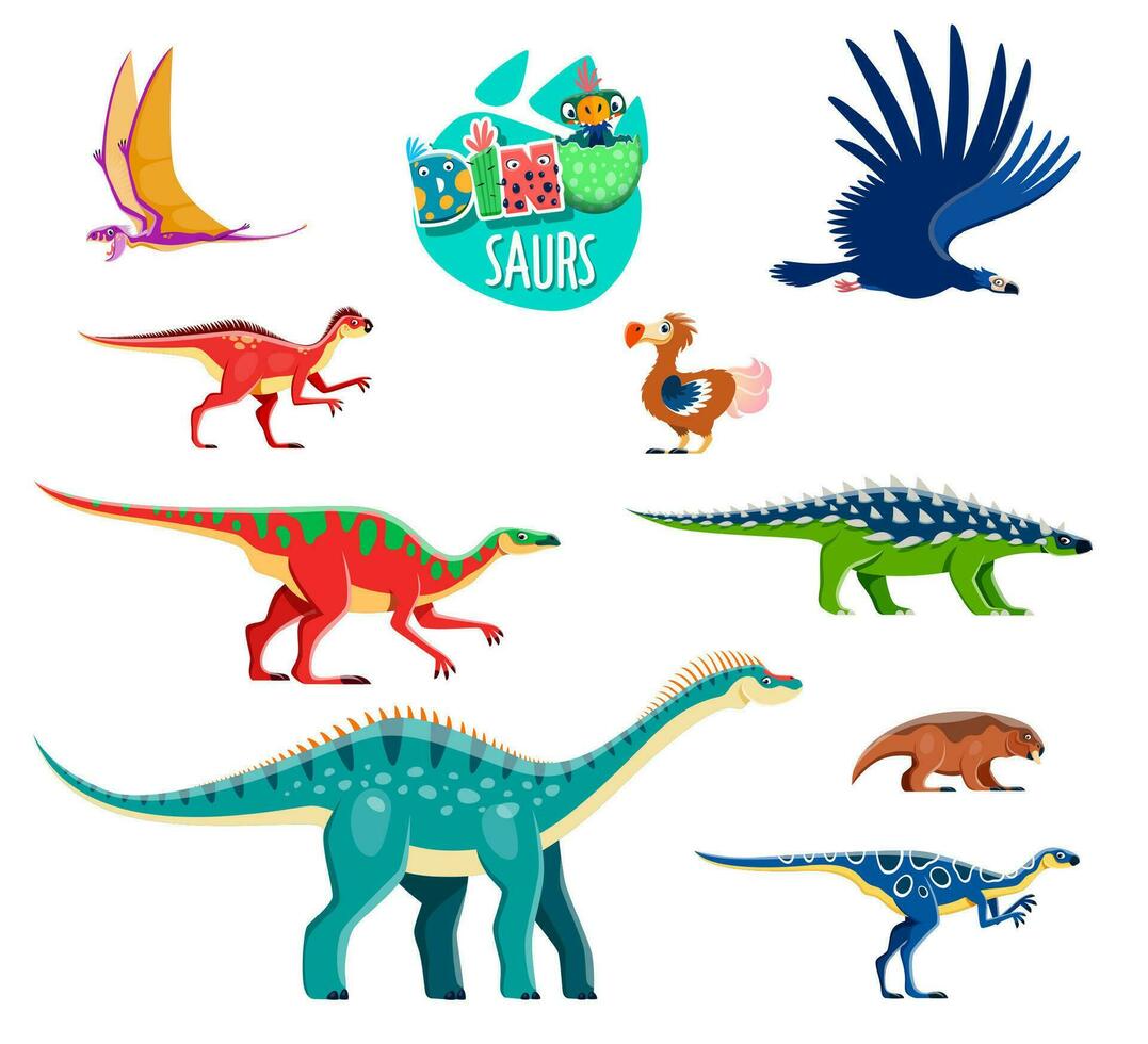 Funny cartoon flying and land dinosaurs characters vector