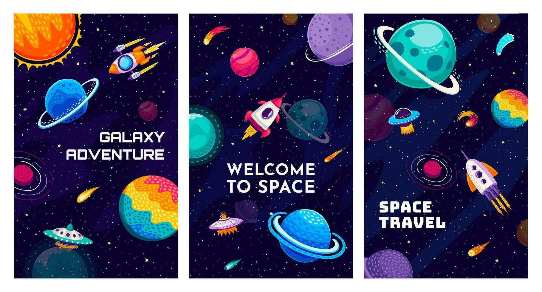 Space banners with galaxy landscape and rockets vector