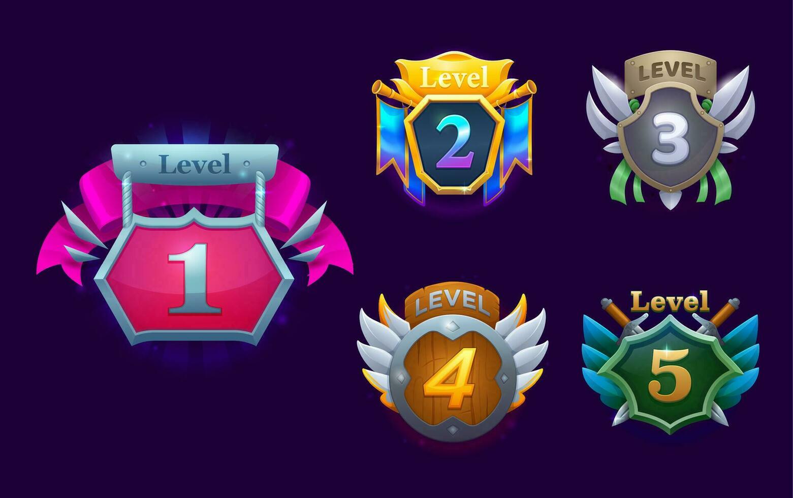 Game level badges, cartoon vector reward icons set