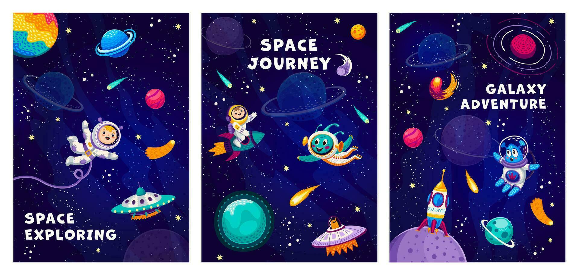 Space posters with funny characters starry galaxy vector