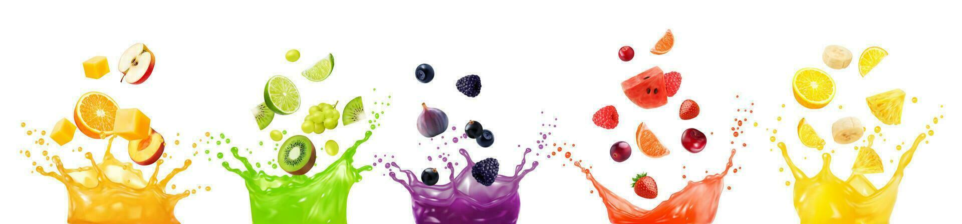 Juice fruit mix splash, isolated realistic set vector