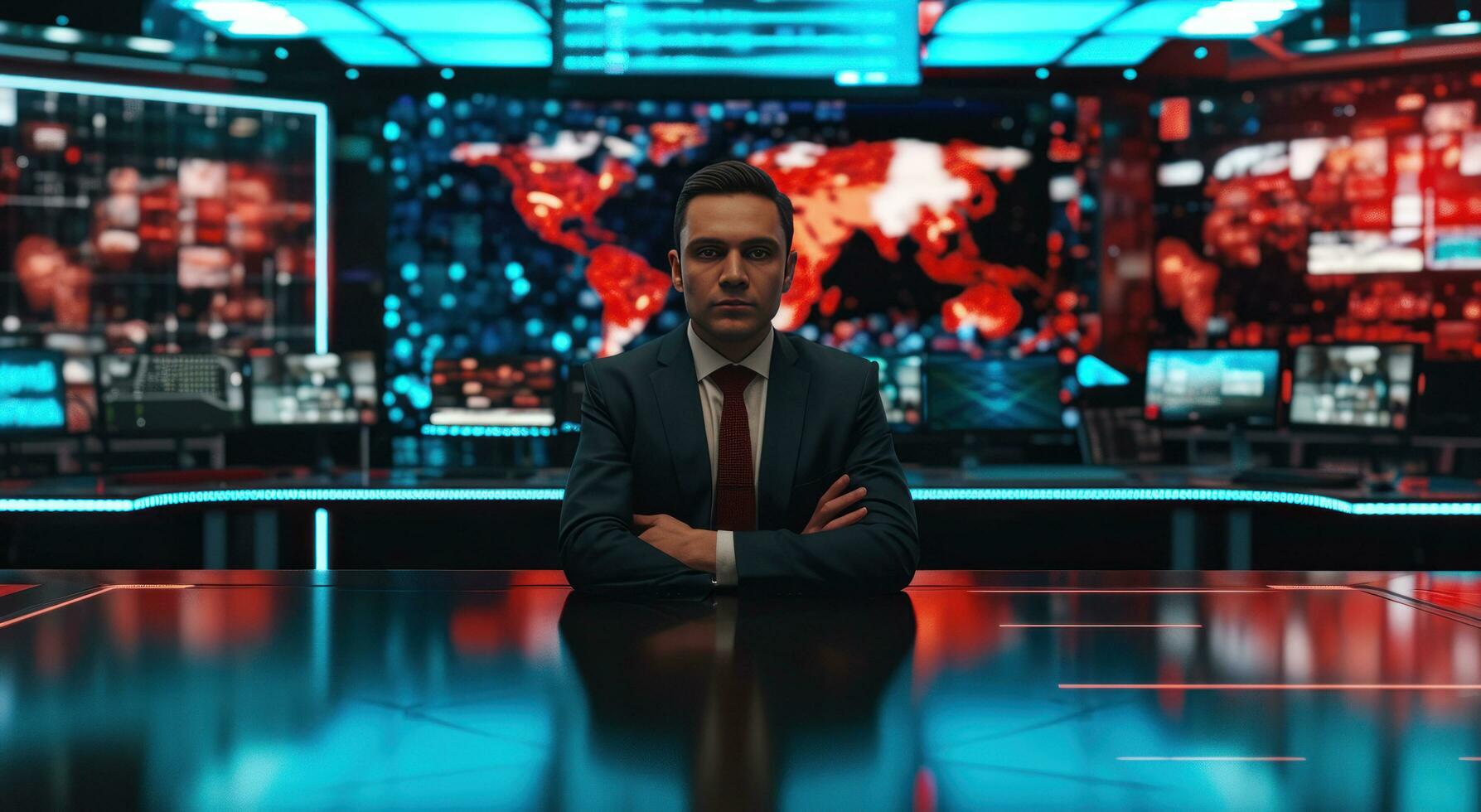 AI generated a news anchor or personality is sitting at a news desk photo