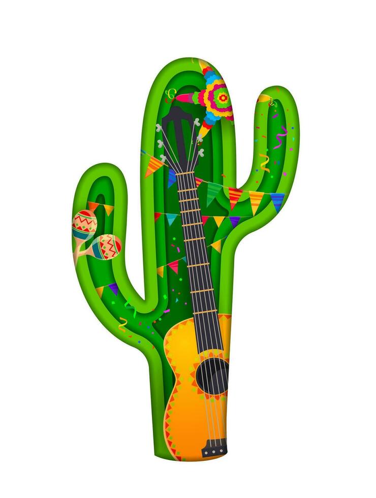 papel cortar cactus, guitarra, mexicano piñata, maracas vector