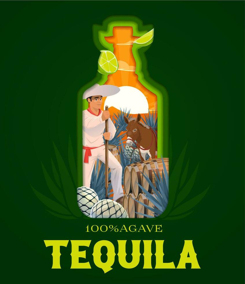 mexicano tequila papel cortar bandera en botella forma vector