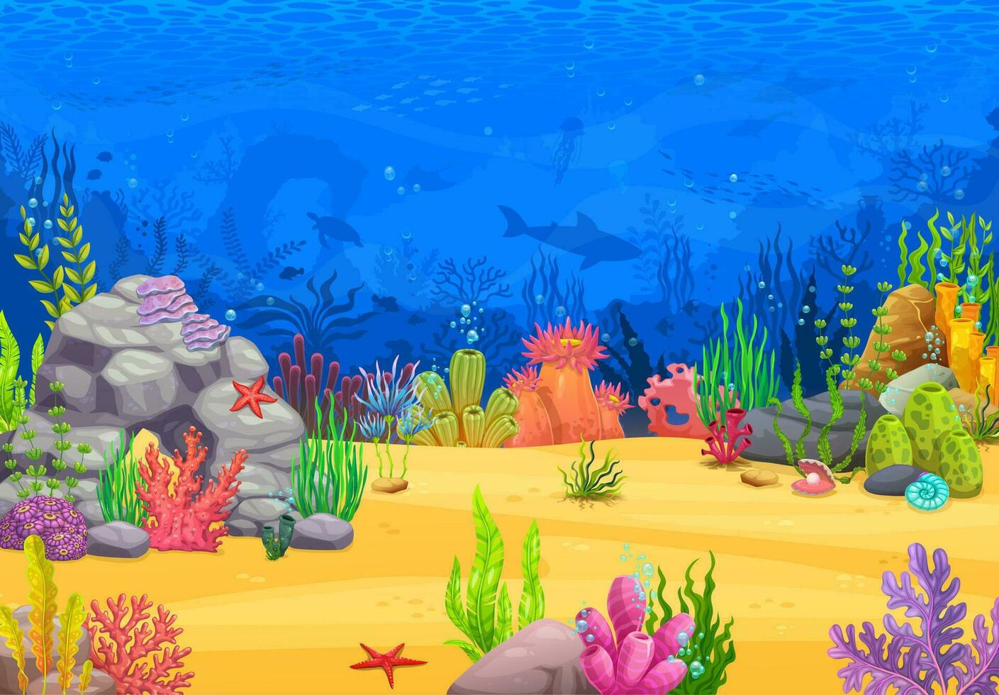 Sea underwater landscape, fish, seaweed, animals vector